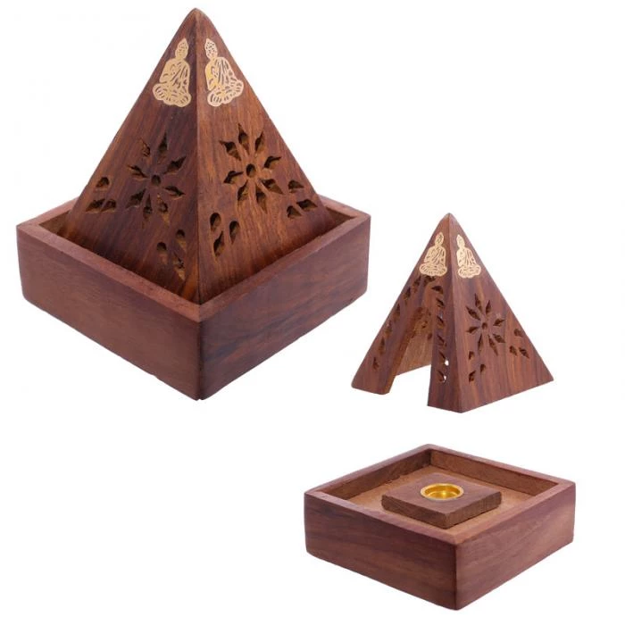 Piramide brucia incenso in legno Sheesham con Buddha