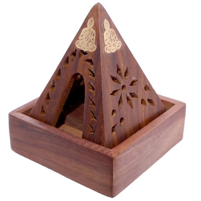 Piramide brucia incenso in legno Sheesham con Buddha